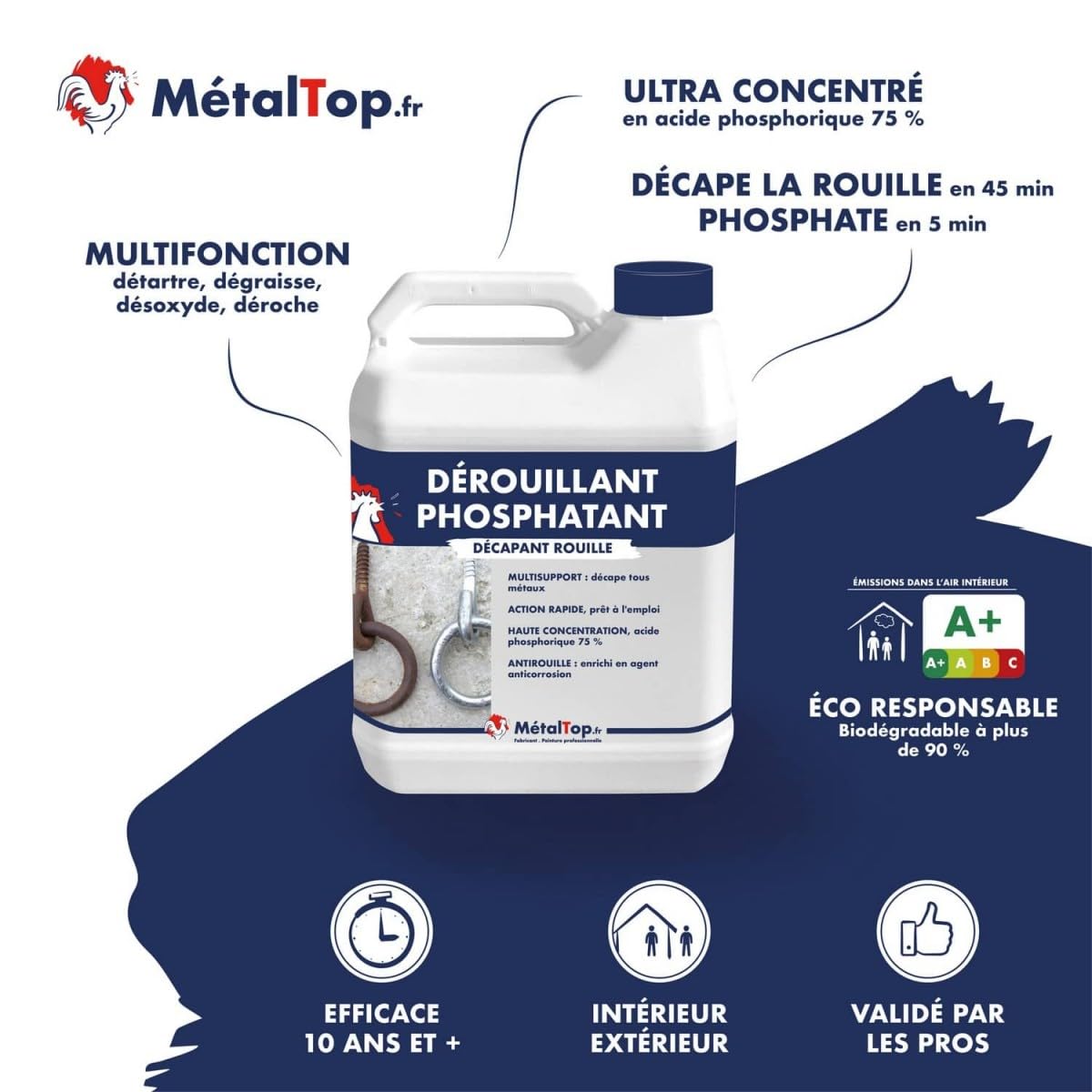 Metaltop Derouillant Phosphatant - 1 L Pour éliminer et neutraliser la rouille sur des métaux rouillés, avant peinture