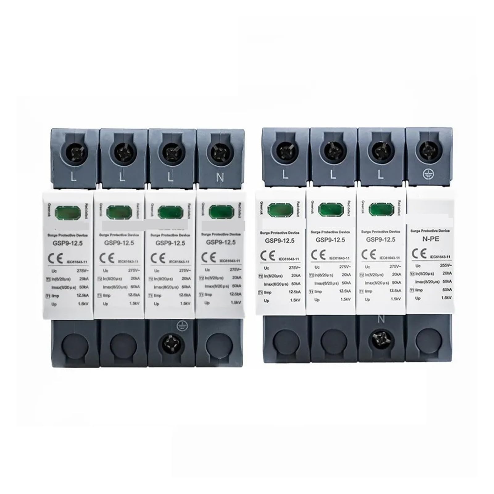 GSP9 12.5KA T1+T2 SPD 4P 3P Surge Protector 275VAC Limp:7/12.5KA House Lightning Surge Arrester Device(3P NPE 12.5KA 275VAC)