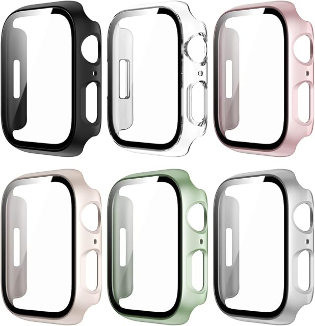Haojavo Zestaw 6 twardych etui ochronne z poliwęglanu do Apple Watch Series 9, Series 8, Series 7, 45 mm, iWatch, ze szklaną ochroną wyświetlacza, folia ochronna, szkło hartowane, całkowita osłona bez