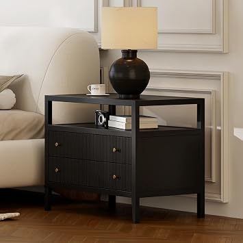 homary 30 Smart Nightstand Charging Station Fluted 2-Drawer USB-C Black