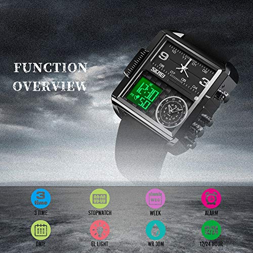 Image of SKMEI Men's Digital Sports Watch, LED Square Large Face Analog Quartz Wrist Watch with Multi-Time Zone Waterproof Stopwatch