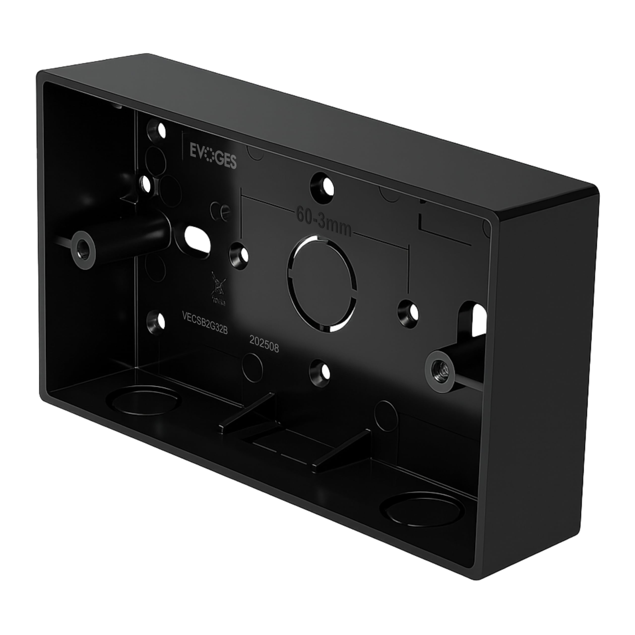 Evoges Pattress Box Black 32mm Deep – PVC Surface Back Box with Knockouts, Rounded Corners – Electrical Mounting Box for Light Switches & Plug Sockets (2 Gang)