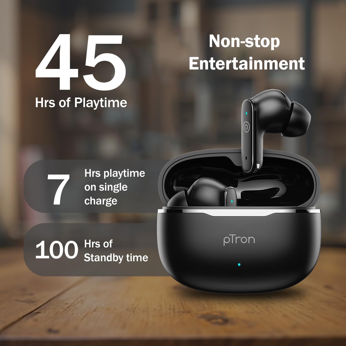 pTron Bassbuds Eon in-Ear TWS Earbuds w/ 13mm Drivers, 45Hrs Playtime, Dual HD Mic & TruTalk AI-ENC Calls, Custom EQ,Mobile App, Bluetooth v6.0 Headphones,Voice Assist., Type C Charging & IPX5 (Black) — Amazon image 4