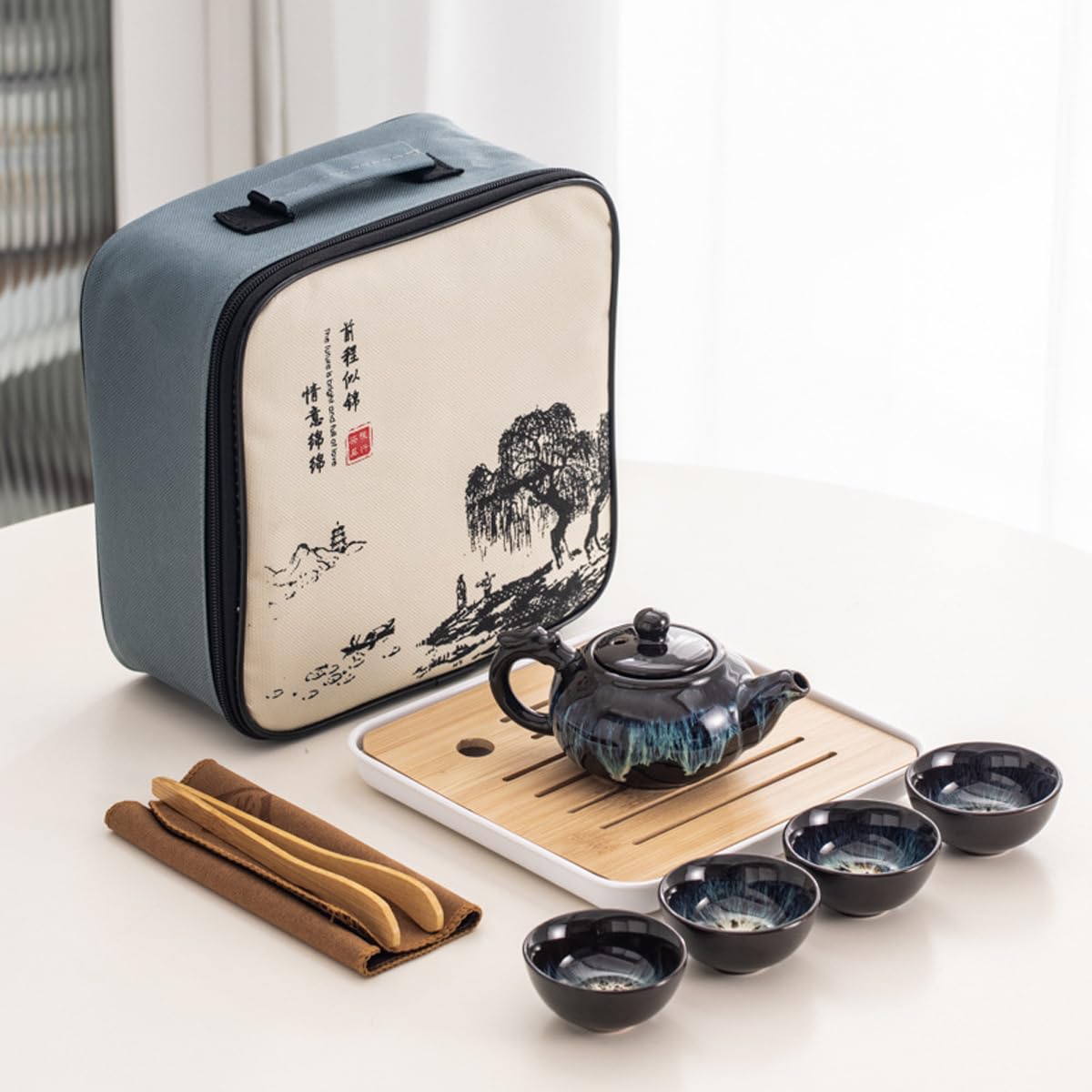 Juego de té de Viaje Negro Servicio de té japonés con Tetera Mini Juegos de té Gongfu para Adultos Regalos para Hombres