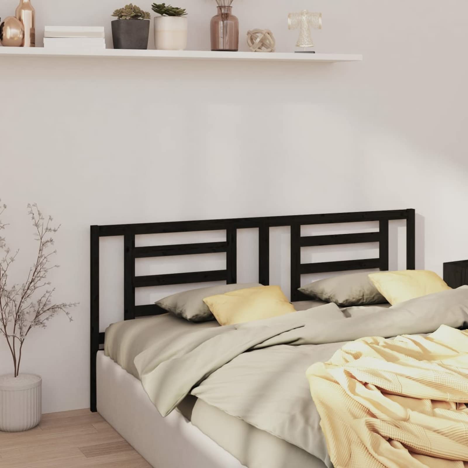 Testiera Letto Matrimoniale In Legno Massello Di Pino, Colore Nero, Dimensioni 165.5x4x100 Cm, Stile Moderno Rustico