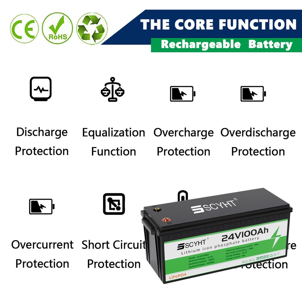 Batterie Lithium 24 V 100 Ah 150 Ah Batterie LiFePO4 24 V Batteries à décharge Profonde pour Camping-Cars, solaires et Hors réseau pour Moteurs 500 W à 3840 W,24v150ah 240mm