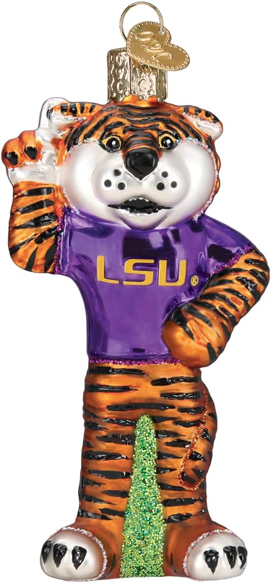 Old World Christmas LSU Mike The Tiger Glass Blown Ornament for Christmas Tree, Handcrafted Holiday Decoration, University Collection