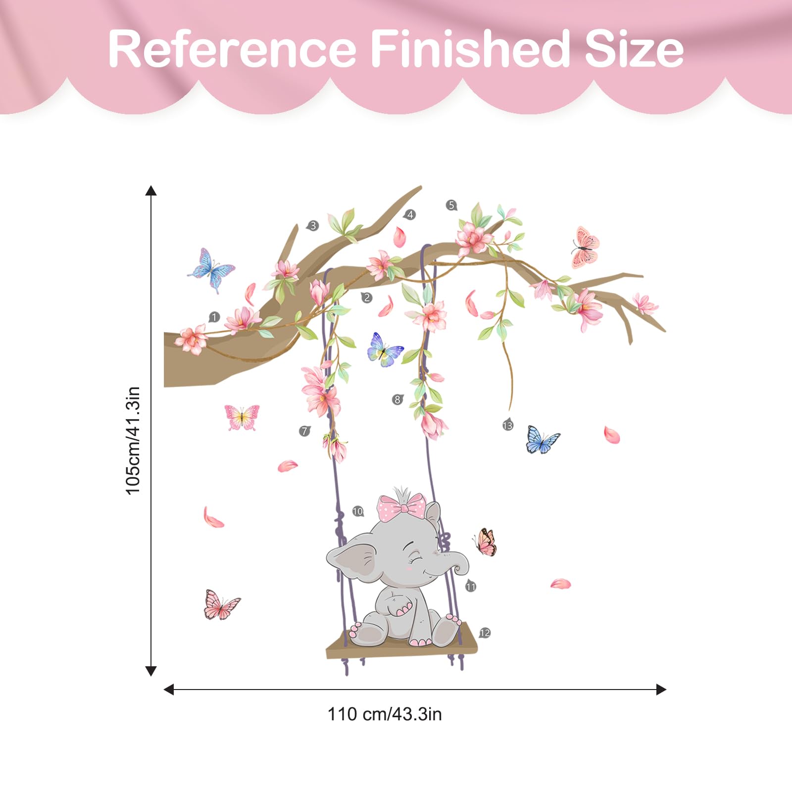 Tanlaby Rosa Columpio Elefante Vinilo Pared, Rama Flores Rosas Mariposas Pegatinas de Pared Caricatura Autoadhesivo Removible Vinilos Decorativos para Dormitorio de Niña Guardería Decoracion Pared