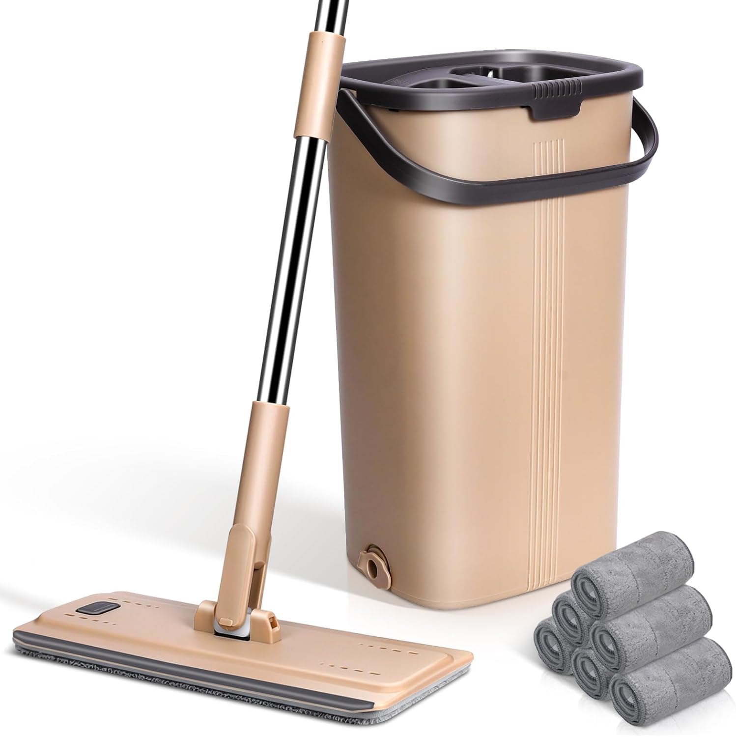 Mocio con Secchio e Strizzatore, Mop Piatto con 6 Panni in Microfibra, Manico Telescopico in Acciaio Inox 132 cm, Lavapavimenti per Casa, Piastrelle e Parquet, Colore Beige