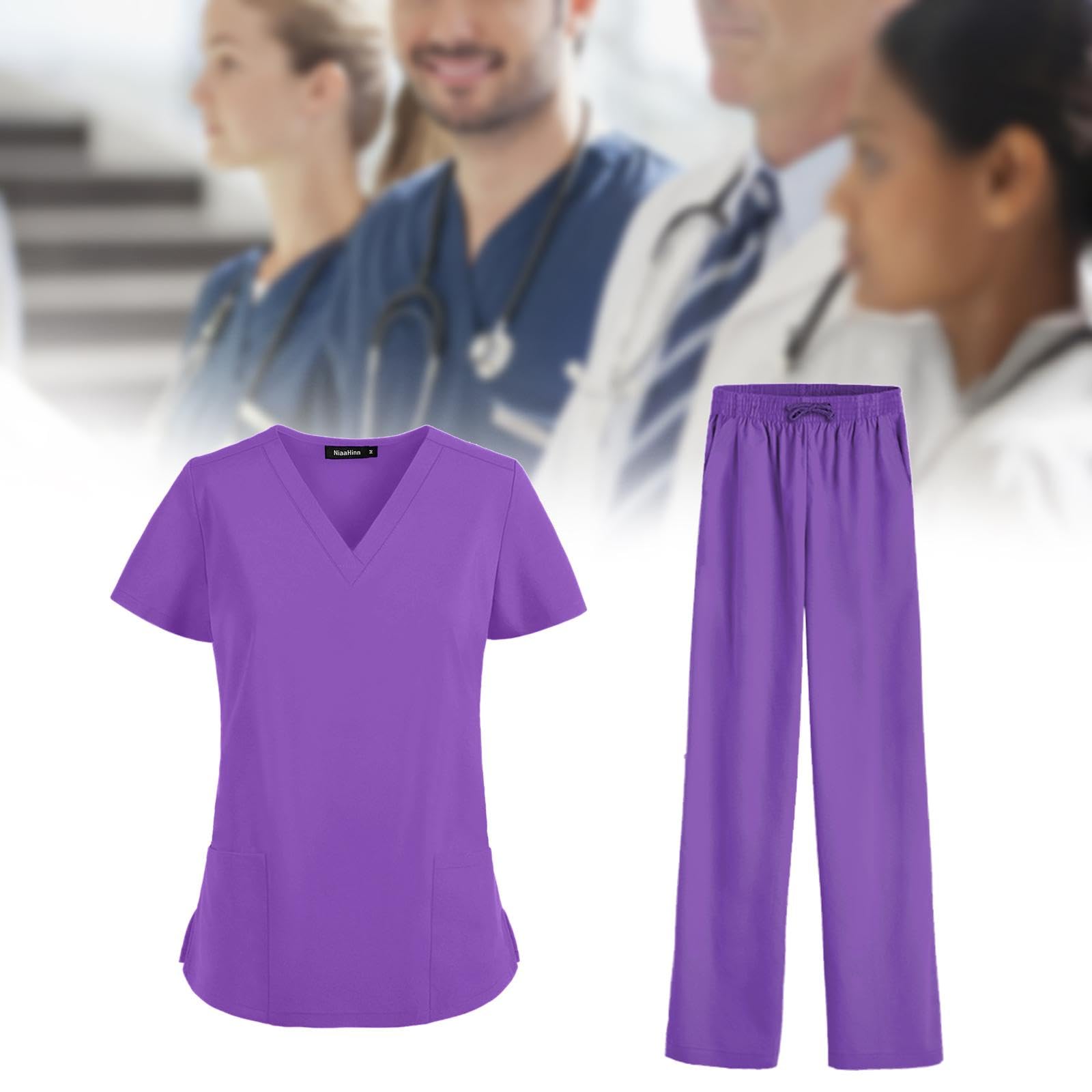Oshhni Frauen Scrubs Sets Arbeitskleidung Kleidung Dünne Krankenpflegeuniformen Set Kurzarm für Skin Manage Cosmetology Beauty Spa Center, violett, xxL