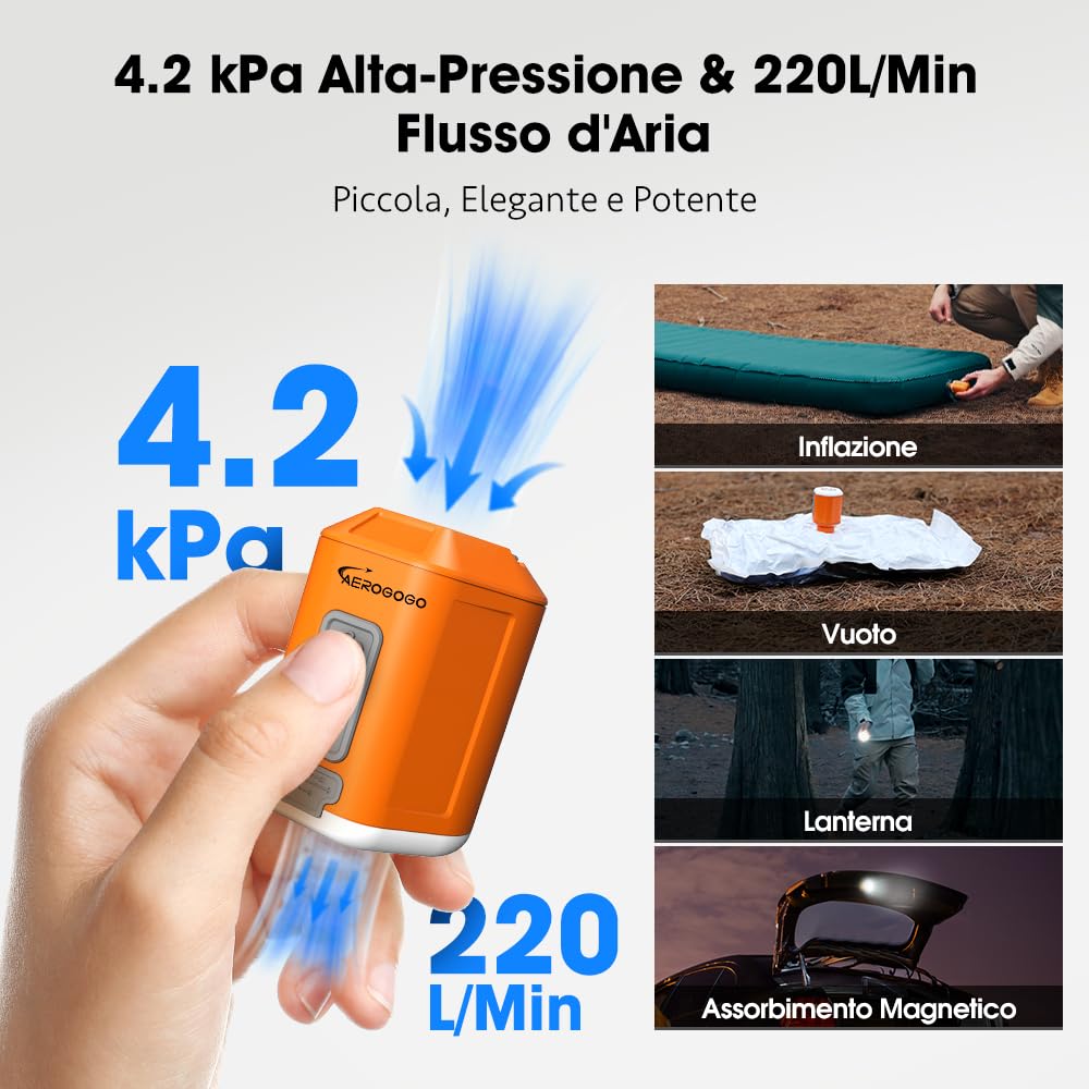 GIGA Pump 4.0 Elektryczna mini pompka powietrza do materaca powietrznego, przenośna pompa z akumulatorem 1300 mAh, 5 dysz powietrznych, ultralekka pompa powietrza do kółek pływackich, do worków