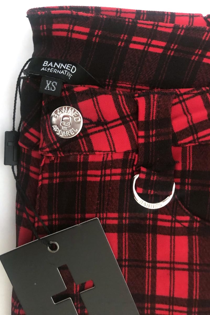 Röhrenhose Karo Hose Damen Karierte Hosen Punk Emo Alternative Mode, Rot, XL