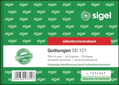 SIGEL SD121 Quittungsblock fortlaufend nummeriert, eindeutige 7stellige Nummer, A6 quer, 2x50 Blatt, selbstdurchschreibend, aus nachhaltigem Papier