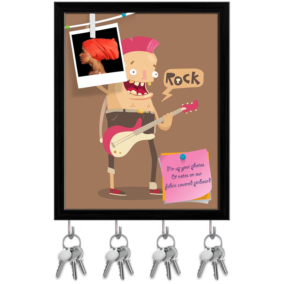 ArtzFolio Punk Rock Guitar Player Key Holder Hooks | Notice Pin Board | Black Frame 10 X 12.5Inch