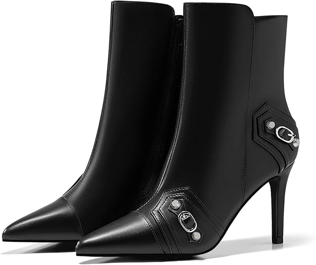 Coutgo Womens High Heel Ankle Boots Pointed Toe Sexy Stiletto Studded Y2K Motorcycle Zipper Booties Fall Shoes