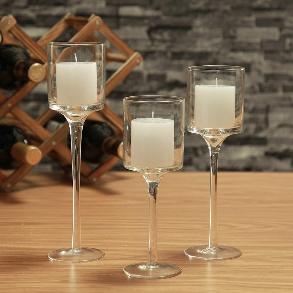 Elegant Clear Glass Stemmed Candle Holders Set of 3