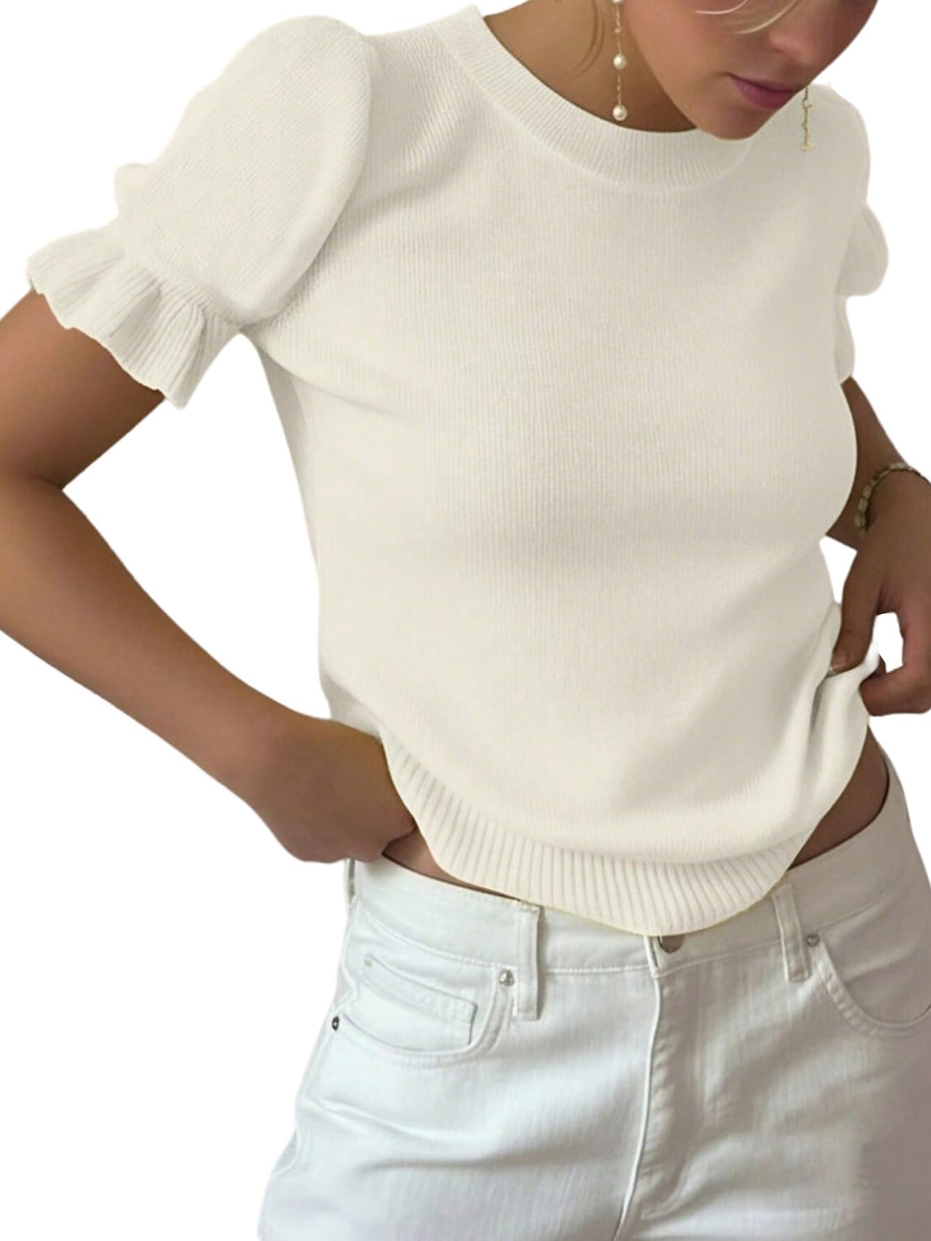 GORGLITTER Maglia da donna a costine, a maniche corte, per autunno e estate, slim fit, con maniche a balze, per il tempo libero, stile casual