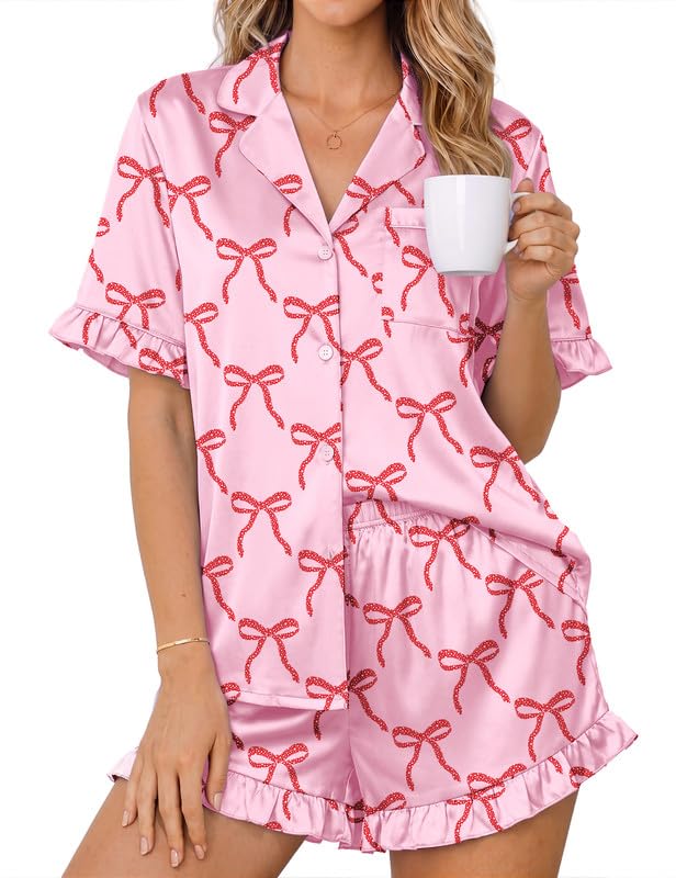 Image of Ekouaer Womens Satin Pajamas Set Button Up Silk Pjs Short Sleeve Shorts Set | Cute Ruffle Sleeve,2 pockets,Summer 2 Piece Sleepwear for Sleep,Lounge,Wedding,Bridal Party