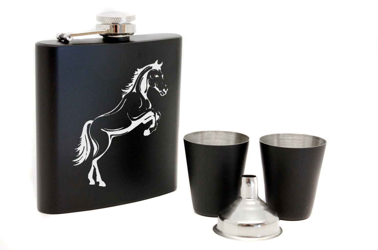 Personalised 6oz Stainless Steel Gloss Finish Hip Flask with Two Shot Cups, Funnel and Gift Box, Laser Engraved Horse Logo (Black)