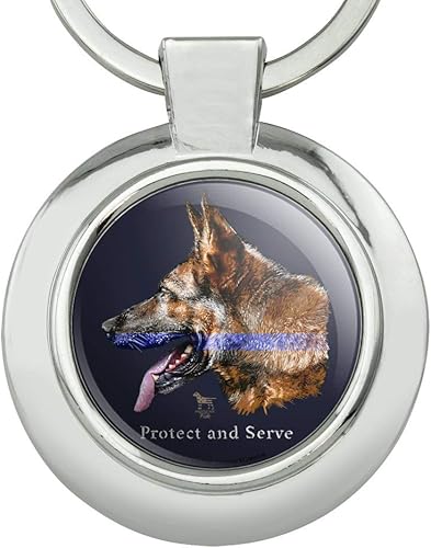 Miniatura 3 de Protect and Serve K9 Police Thin Blue Line - Llavero de perro de pastor alemán con clase redonda de metal cromado