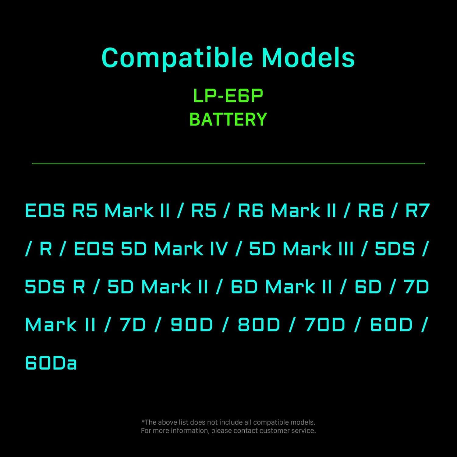 Lote de 2 baterías Recargables LP-E6P de 2400 mAh con Entrada USB-C | Compatibles con Las cámaras Canon EOS R5/R6 Mark II, R7, R6, R5, R, 5D Mark IV, 6D, 7D Mark II, 90D, 80D, 70D, 60Da TLP-E6P-GN-2
