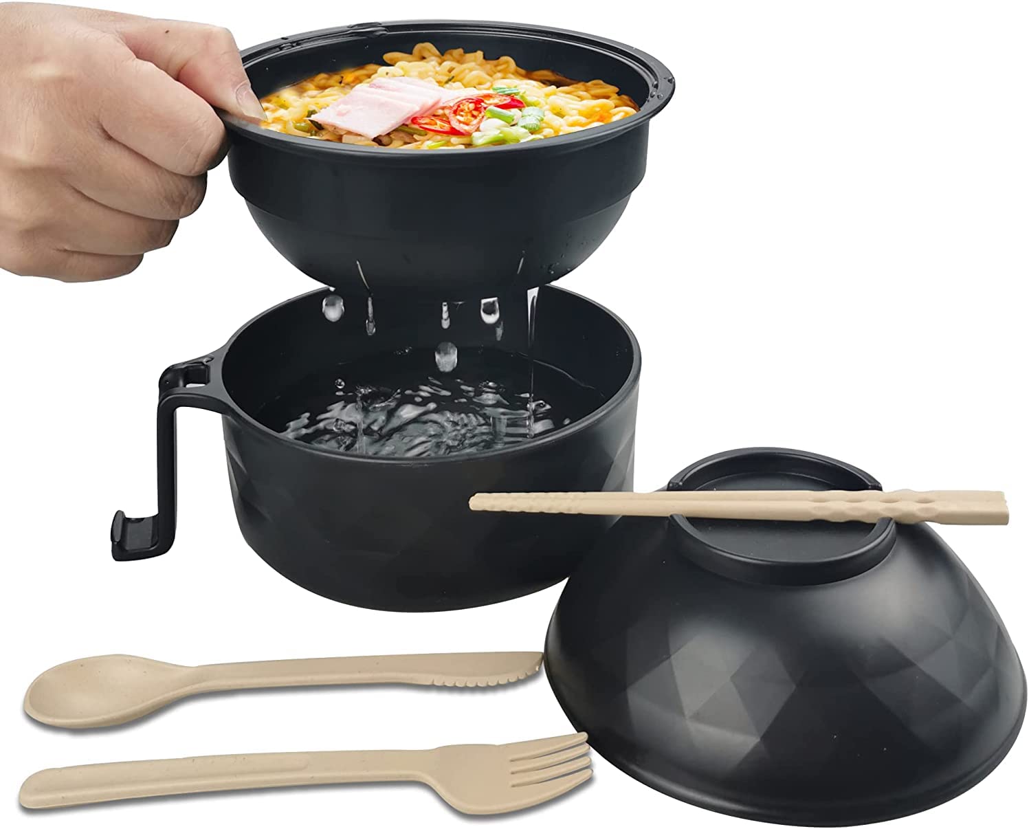 ELECDON Microwave Ramen Cooker Ramen Bowl Set with Lid Chopsticks College Dorm Room Essentials for Girls, Boys, Rapid and Quick Ramen Cooker with Handles Apartment Essentials for Apartment (Black)