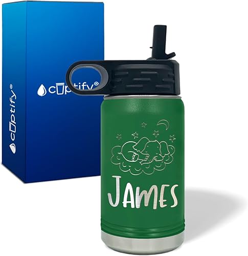 Miniatura 3 de Botella de agua para niños personalizada con nombre en botella de agua aislada con anillo verde mate de 12 onzas