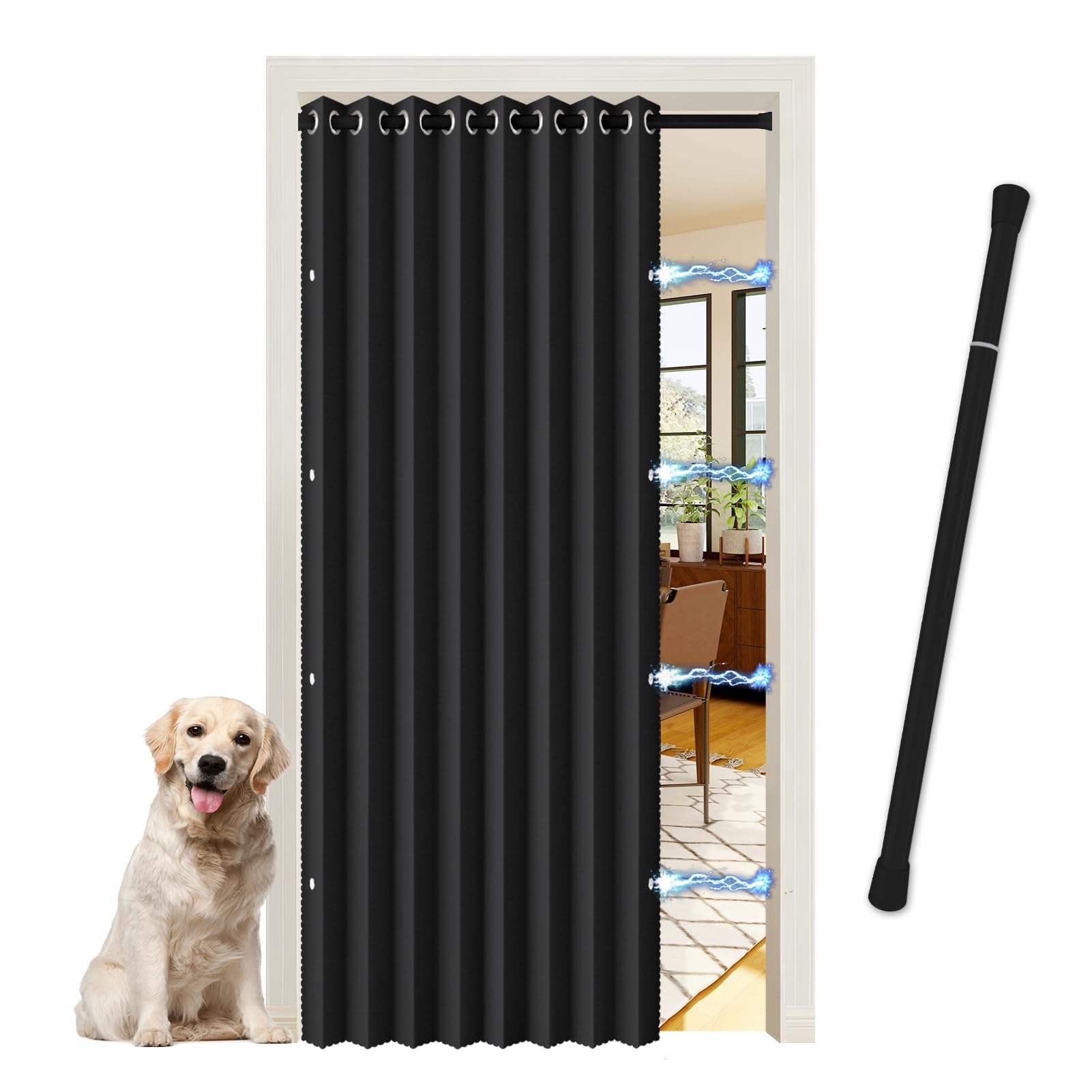 JCyh Linen Look Magnetic Folding Door Curtain – Blackout Accordion Curtain with Extendable Tension Rod, No Drilling – for Bedroom, Kitchen, Patio Door (60 x 77 inch, Black)