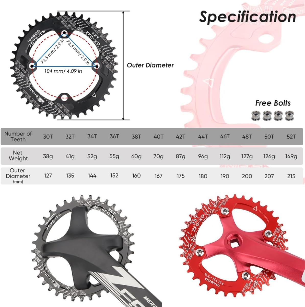 FOMTOR 104 BCD Chainring (30-52T) 7-12 Speed Compatible CNC 7075 Aluminum Narrow Wide Tooth Round Oval Chainrings for MTB/Road Bike Ebike Chainwheel Black/Red