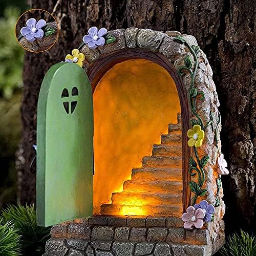 ZYuan Solar Fairy Door Garden Miniatures，Fairy Door with Steps, Resin Fairy Garden Accessories, Tree Garden Home Decor, Waterproof Garden Glow Ornaments, 11×7×15cm