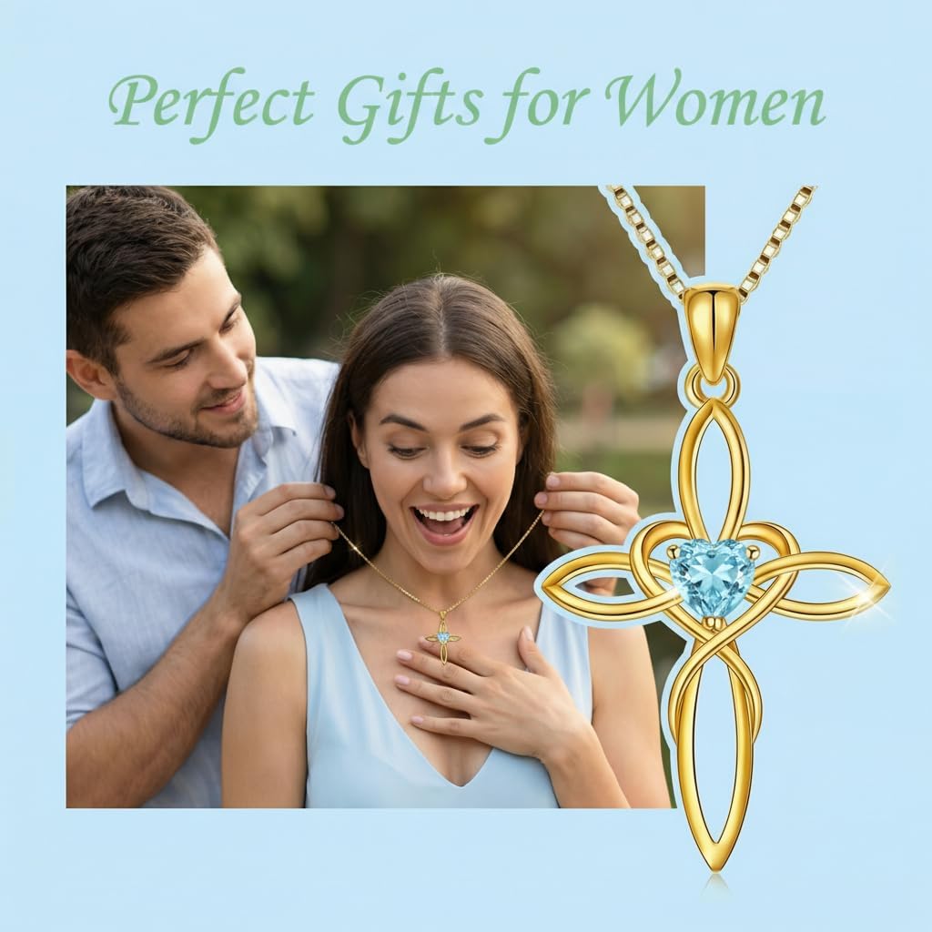POIUY Celtic Knot Cross Necklace for Women 14K Gold Irish Infinity Love Heart Cross Jewelry with Birthstone Pendant Valentines Day Birthday Gifts for Her - Image 5