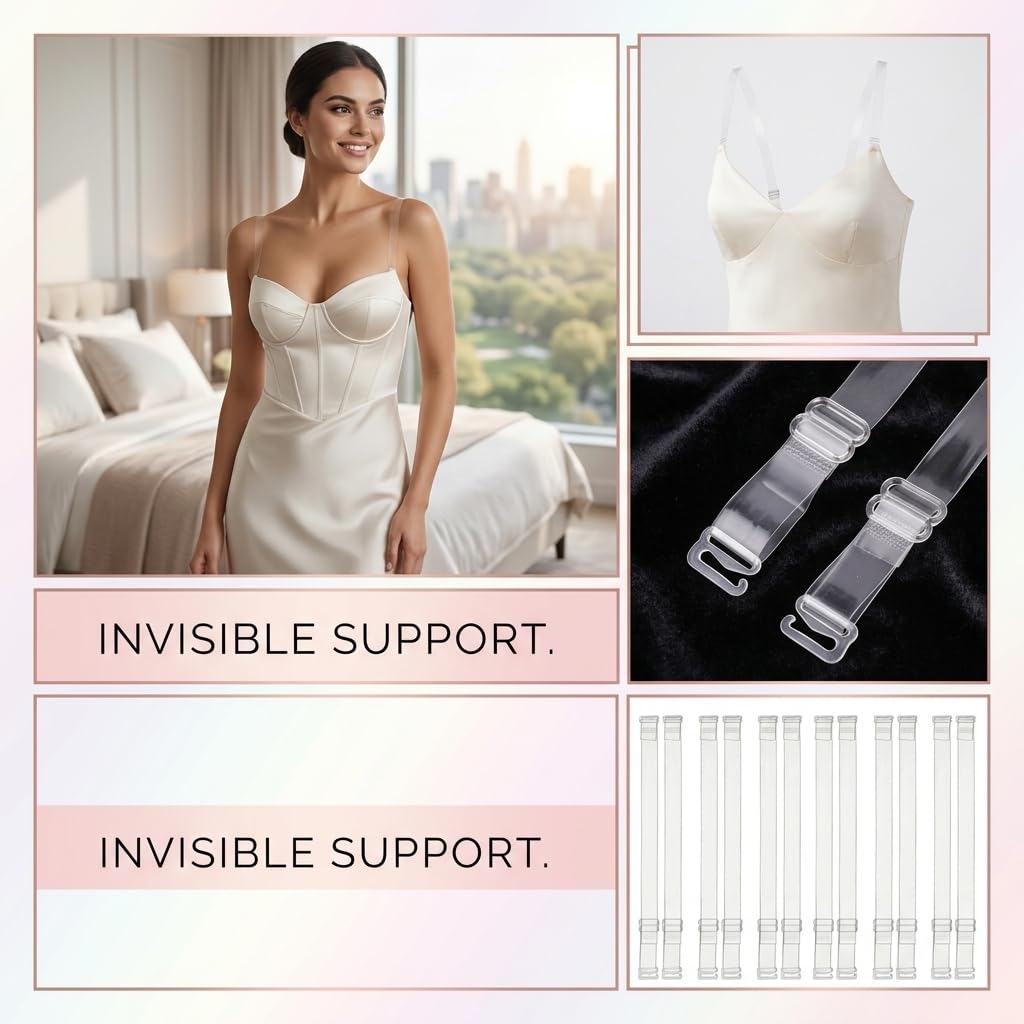 6 Paar Transparente BH Träger,Unsichtbare Klare Durchsichtige Ersatz Schultergurte,Rutschfeste Verstellbare Weiche Strap Halter Clip,für Frauen Schulterfrei Oberteile Trägerlose BHS Abnehmbaren