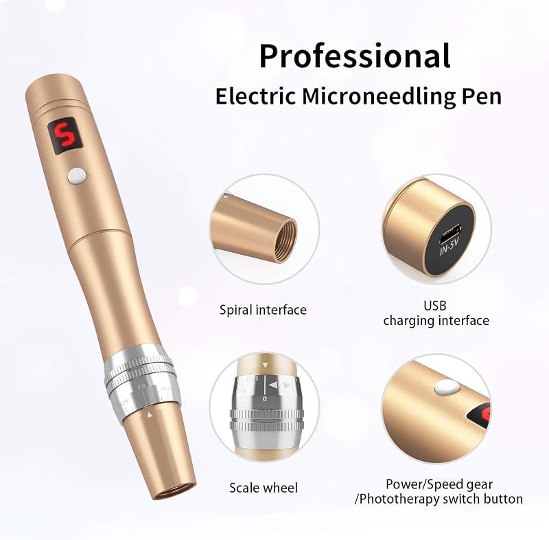 Beautlinks Elektromos Mikrodermabrázió Toll 0-2,5mm - LED Fénnyel, 6 Fokozattal, Bőrfiatalító, Ránctalanító, Pattanáskezelő (24 Tűpatronnal)