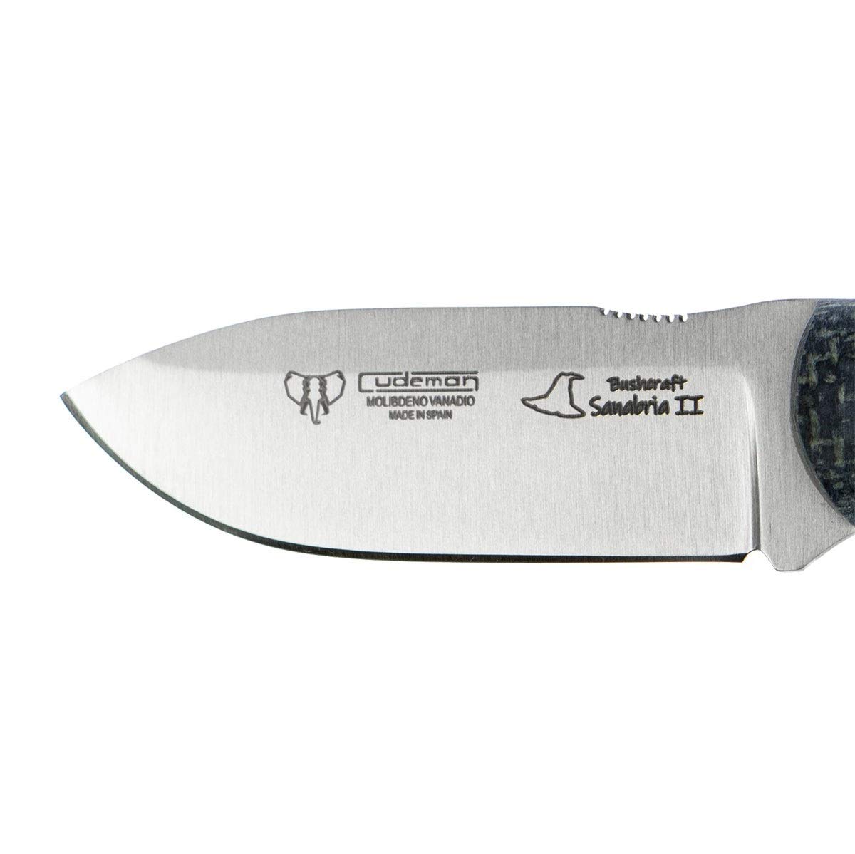 Cuchillo Cudeman 182-T Mini SANABRIA II BUSHCRAFT hoja de acero ACX-380 de 7 cm empuñadura de yute negro de 8,5 cm funda de cuero para Caza, Pesca, Supervivencia y Bushcraft