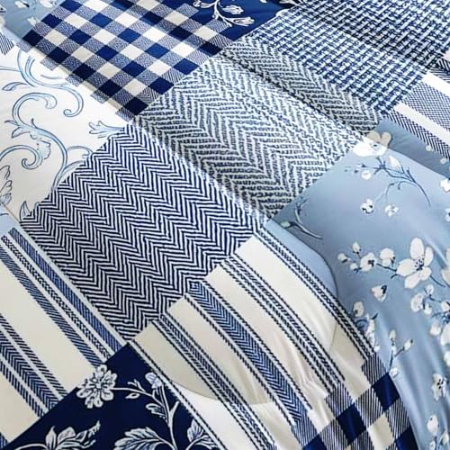 Image of AILONEN Blue Patchwork Comforter Set Queen Size, Plaid Floral Striped Bedding with 2 Pillowcases for Room,3Pcs