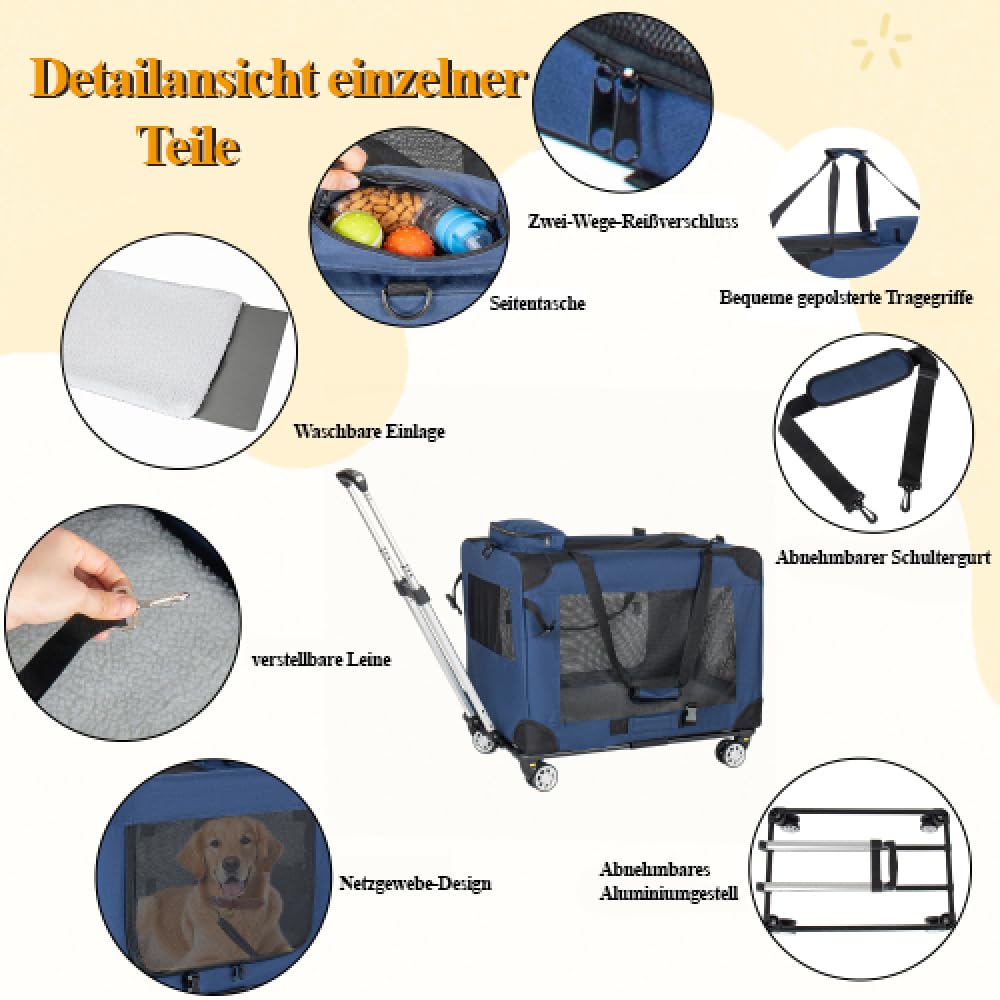 Dunkelblaue Tiertransportbox, 2-in-1 Faltbare Hundetransporttasche mit Rollen, Belüftete Haustierbox für Reisen und Zuhause