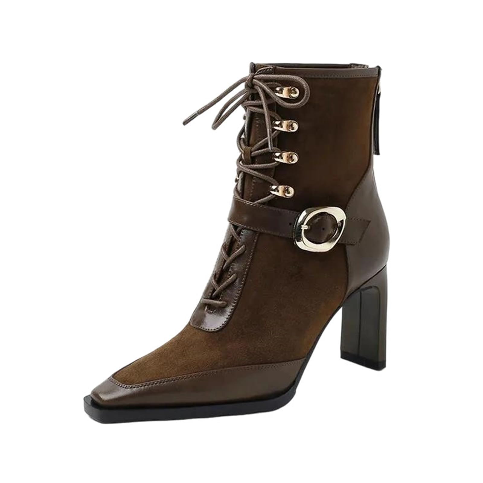 Womens Booties Square Toe High Square Heel Elegant Ankle Boots Featuring A Fashionable Belt Buckle And Side Zipper