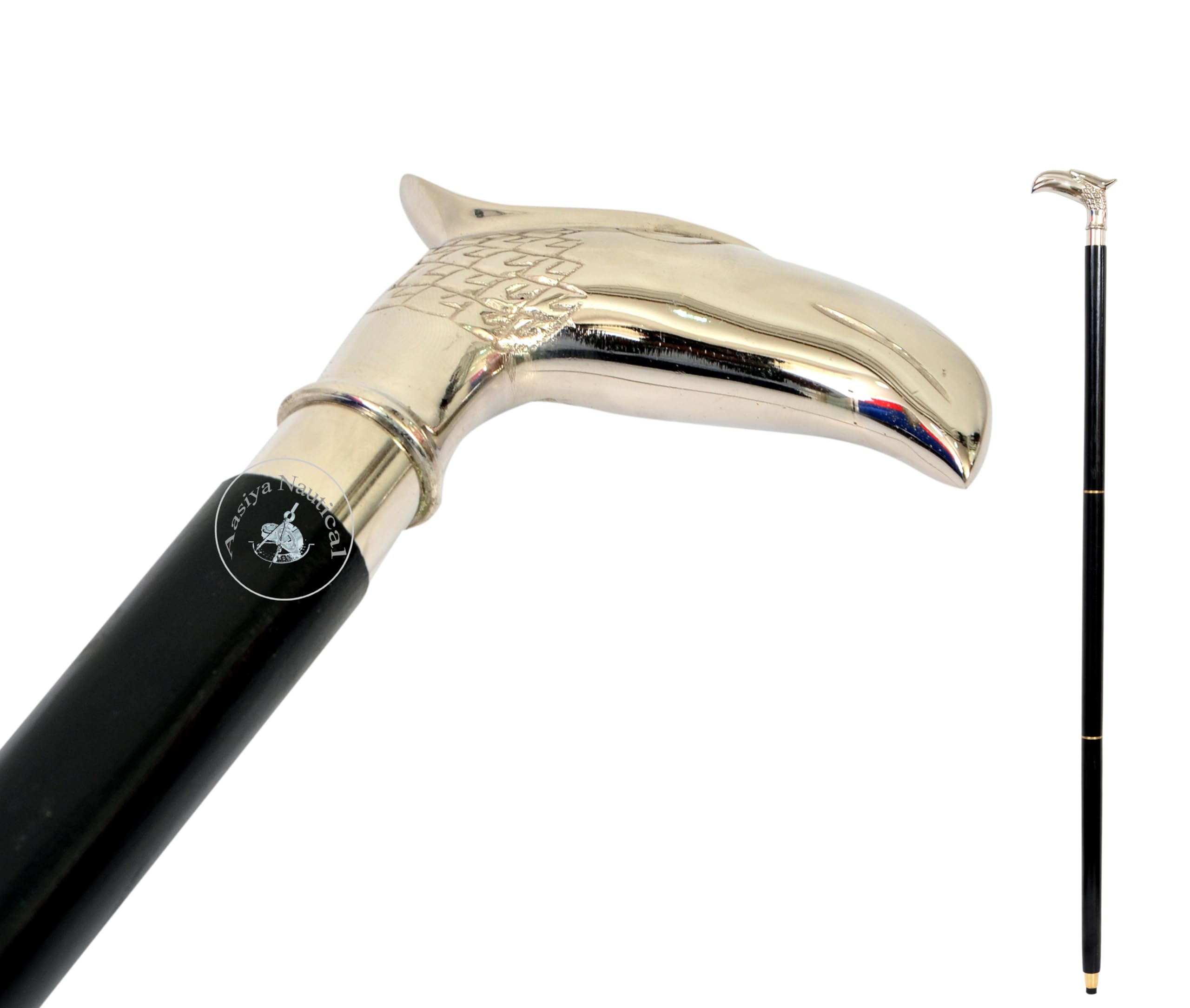 Brass Nautical Walking Cane - 36-37 Inch Wooden Costume Cane With Nickel Handle