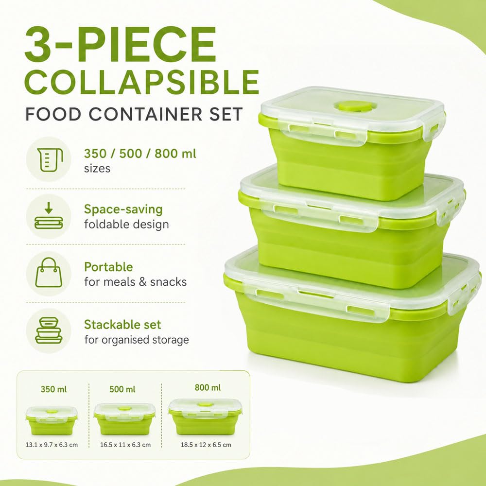 3 Pezzi Contenitori Pieghevoli per Alimenti 300/500/800 ML,Contenitori Alimenti Silicone con Coperchio, Contenitore Pranzo Ufficio,Schiscetta Porta Pranzo Ermetico per Picnic, Campeggio, Scuola