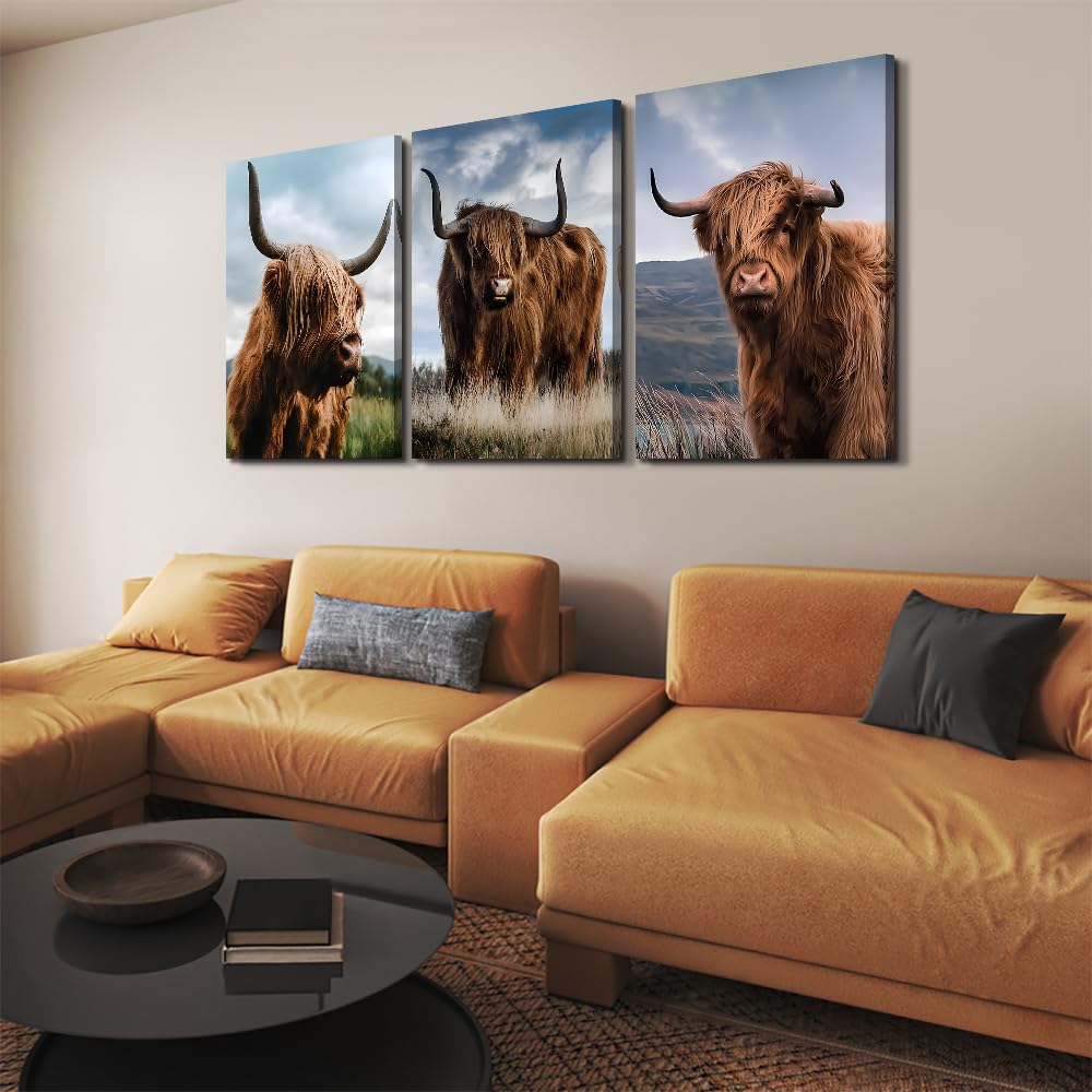 Amazon｜大きなウォールアート 3パネル 牛の絵 壁装飾 高原の牛