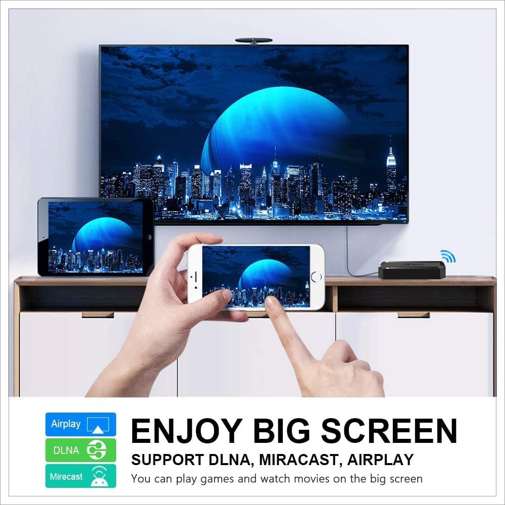 A person holding a smartphone mirroring content to a TV screen, with icons for DLNA, Miracast, and Airplay
