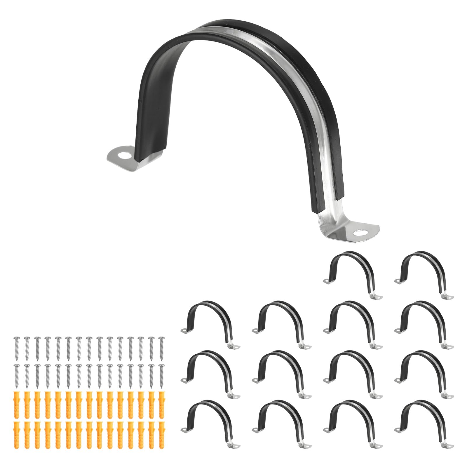 sourcing map 15 Pcs Pipe Strap Clamp, 77mm(3.03") Rubber Cable Clamp Rubber Cushioned 304 Stainless Steel U Bracket Tube Holder Support with Screws for Water Pipe HVAC Cable Management โ image 1