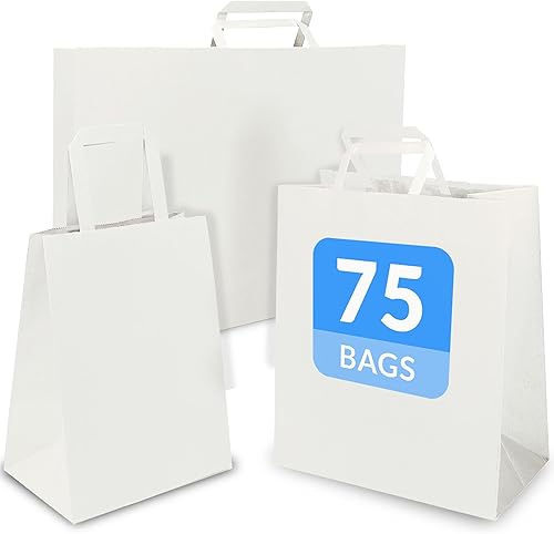 Reli. Bolsas de papel con asas, blancas | Varios tamaños grandes | 75 piezas (25 de cada tamaño) - a granel | 8x4.25x10-10x5x13-16x6x12 | Paquete