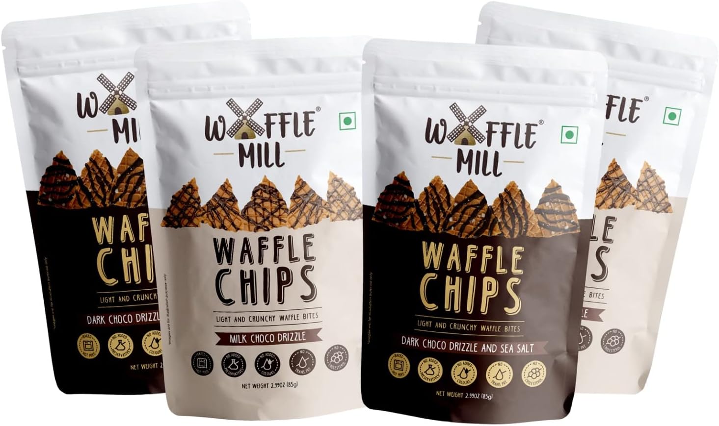 Waffle Mill - Waffle Chips - Combo Pack - Dark Choco Drizzle + Milk Choco Drizzle - Pack of 4 (2+2) - 340Gm