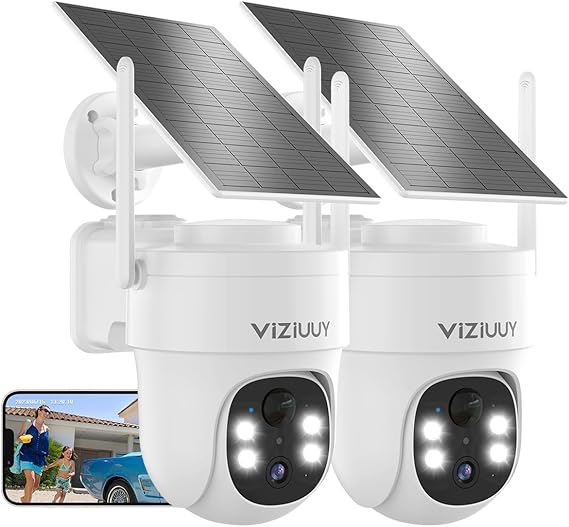 Solar Security Cameras Wireless Outdoor, 2 Pack 3MP Security Cameras Wireless Outdoor, Pan Tilt 360°WiFi Camera with Color Night Vision/PIR Sensor/2-Way Audio/Alexa/Google Assistant