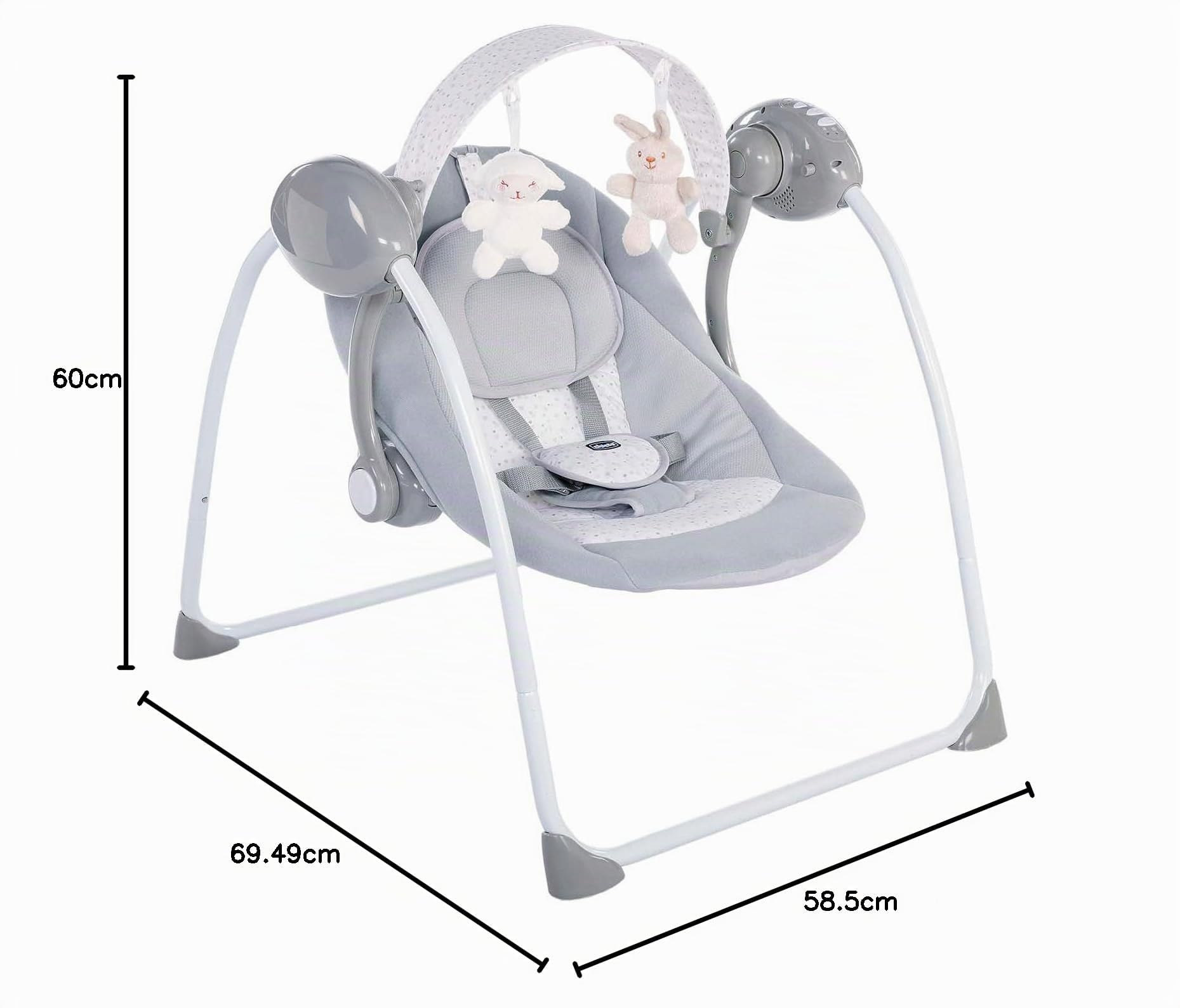 Chicco Relax & Play - Balancín electrónico para bebés a partir de 0 meses hasta 9 kg, balancín ajustable con 5 velocidades, arco de juego con 12 melodías y 2 peluches, cierre compacto, color gris
