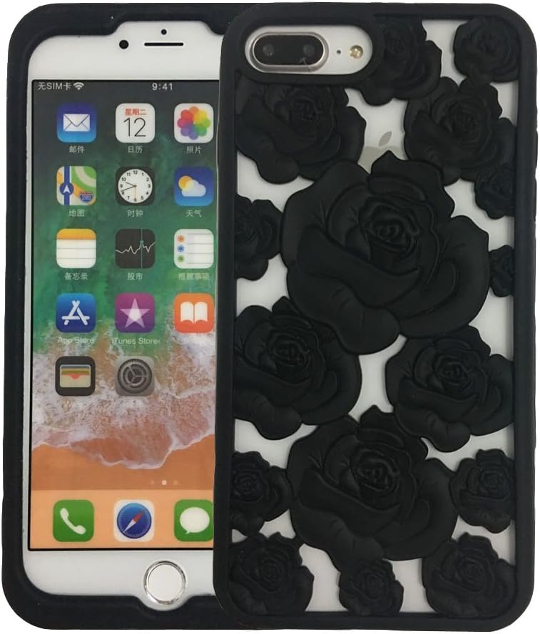 VERYLULU Case for iPhone 7 Plus and iPhone 8 Plus (5.5") with Flowers Fashion Girls Romantic Lover Beauty 3D Black Rose Flower Hollowed Out Floral Soft Silicone Coque Shockproof Protective Cover