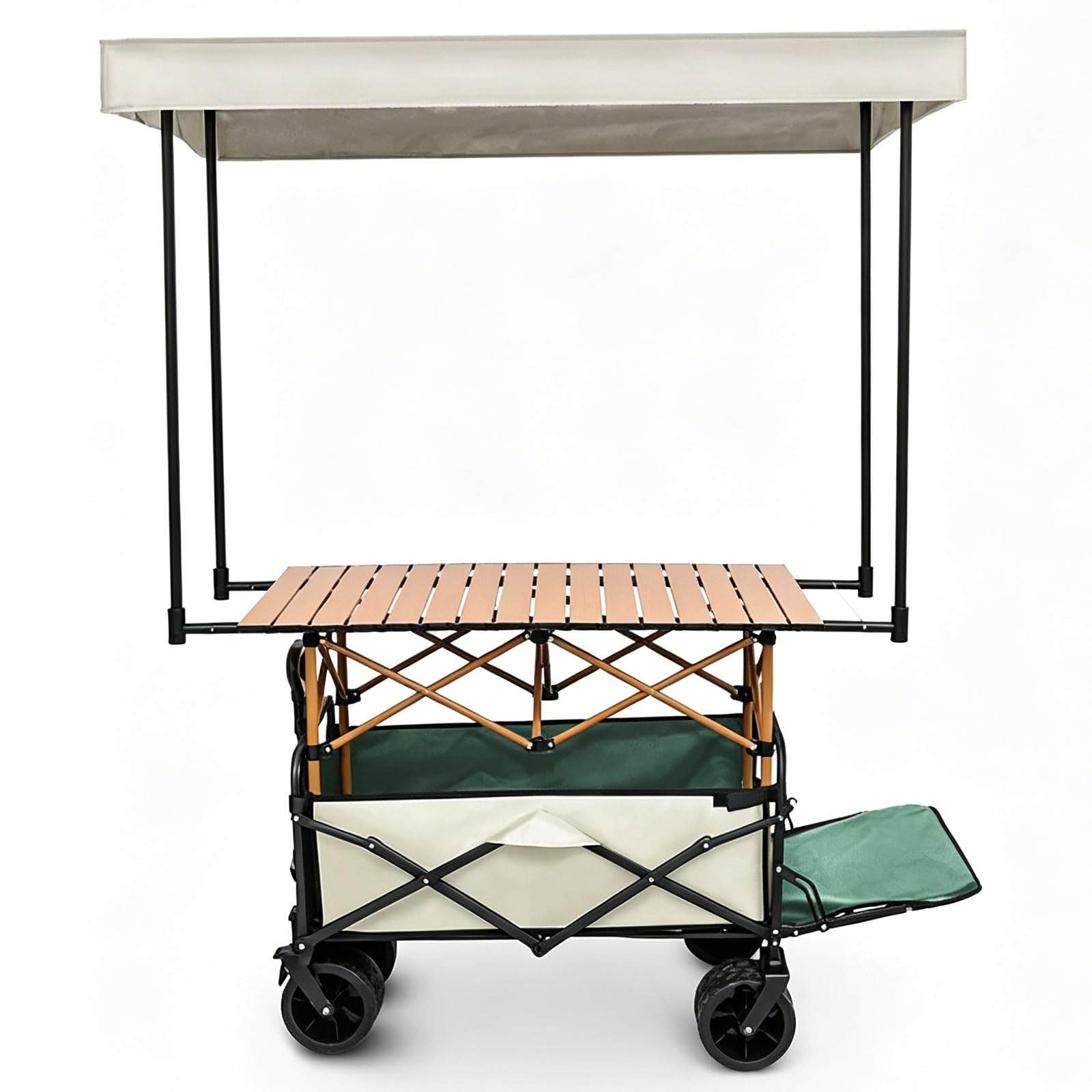 Carrello del venditore all'aperto per il mercato degli agricoltori, pieghevole con baldacchino, ruote e asta di trazione per cibo da strada ed eventi