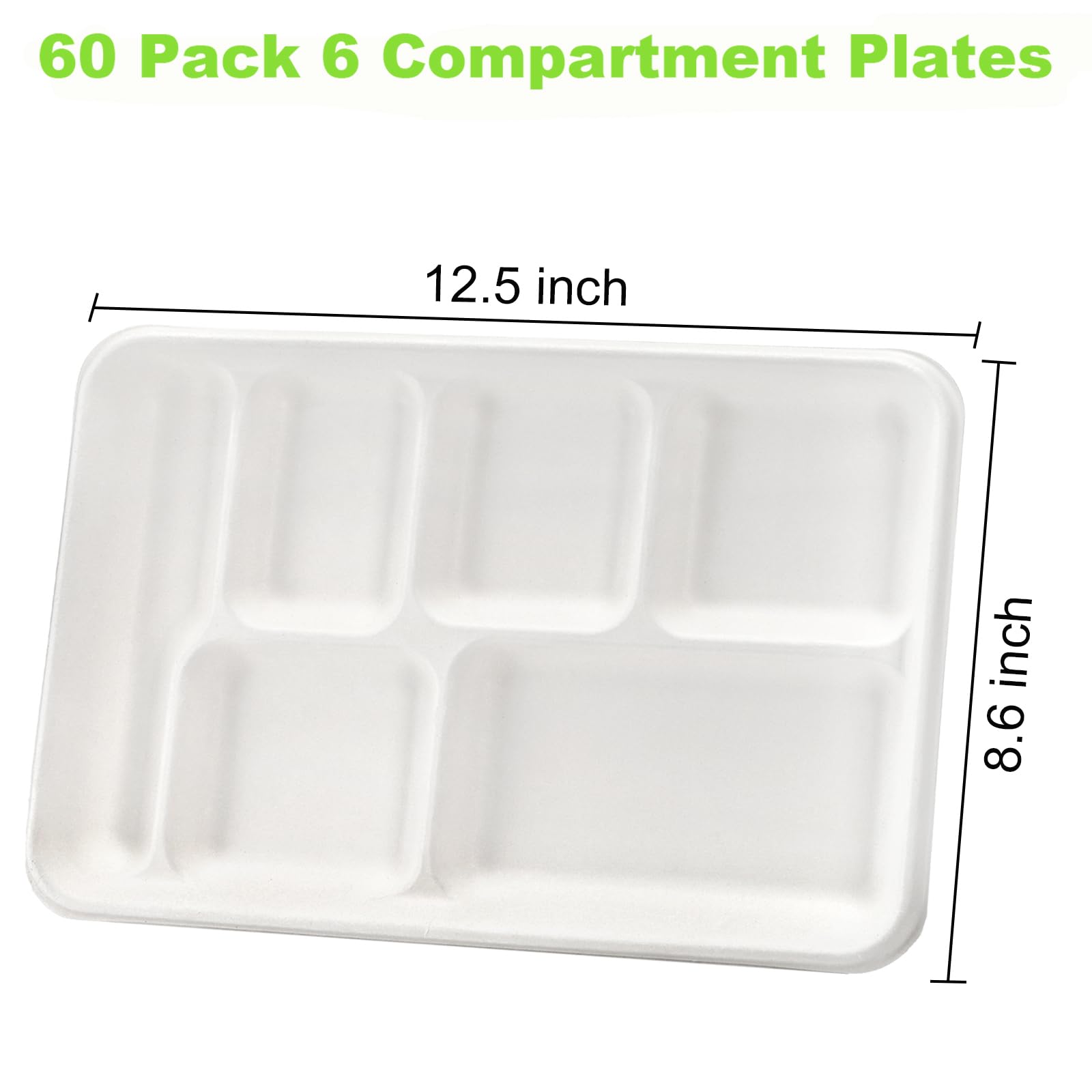 Bekith Confezione da 60 piatti di carta usa e getta a 6 scomparti, 100% bagasse concimabile per il pranzo scolastico, piatti sezionali resistenti ecologici in fibre di canna da zucchero