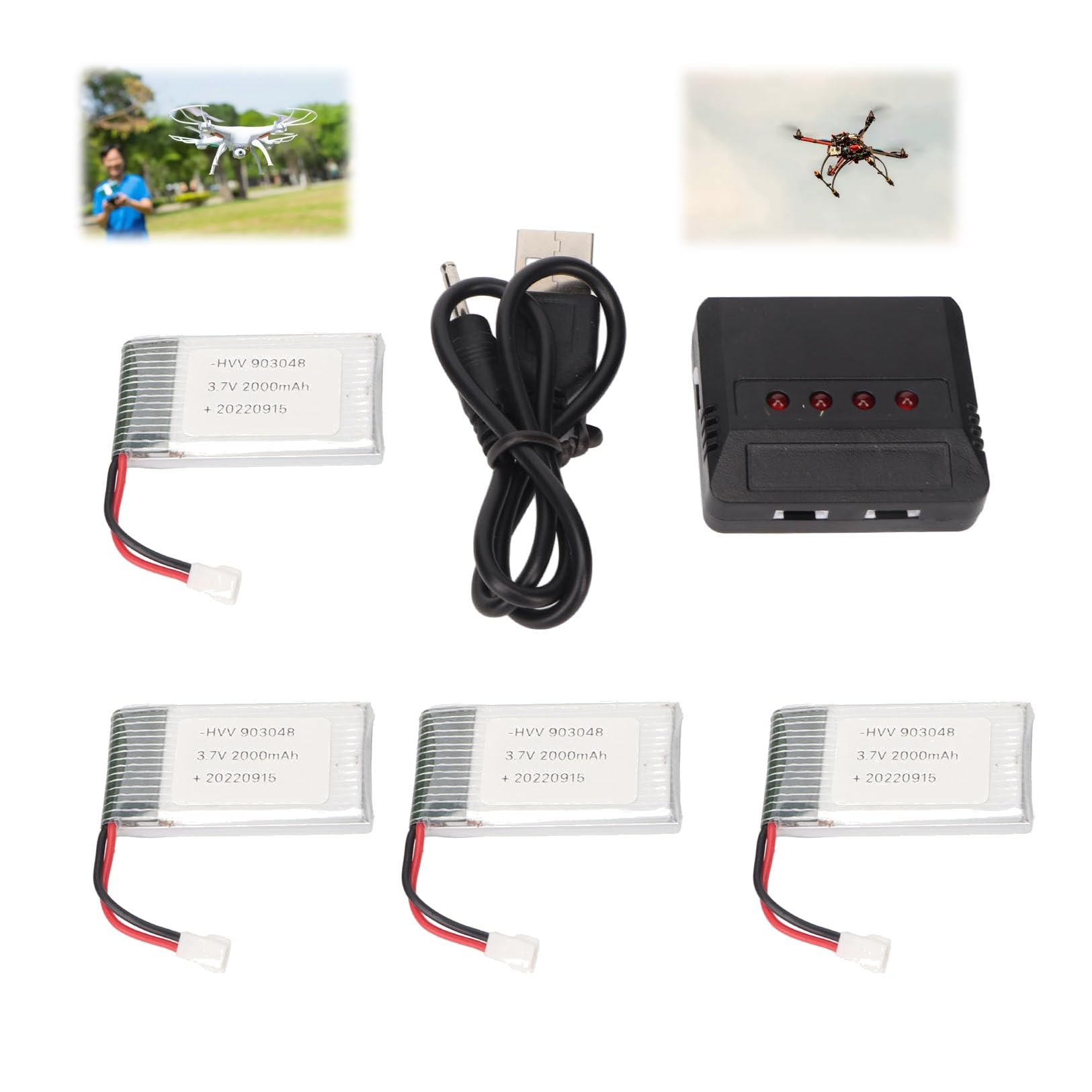 Lot de 4 Batteries de Drone 903048 3.7V 2000mAh Rechargeables Batterie Drone 3.7v 2000mah Batterie Lipo pour RC UAV, avec Chargeur Portable Batteries